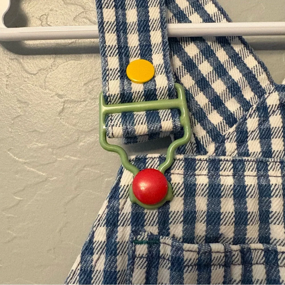 Gymboree rainbow tag vintage blue white plaid check sun shortalls overalls small